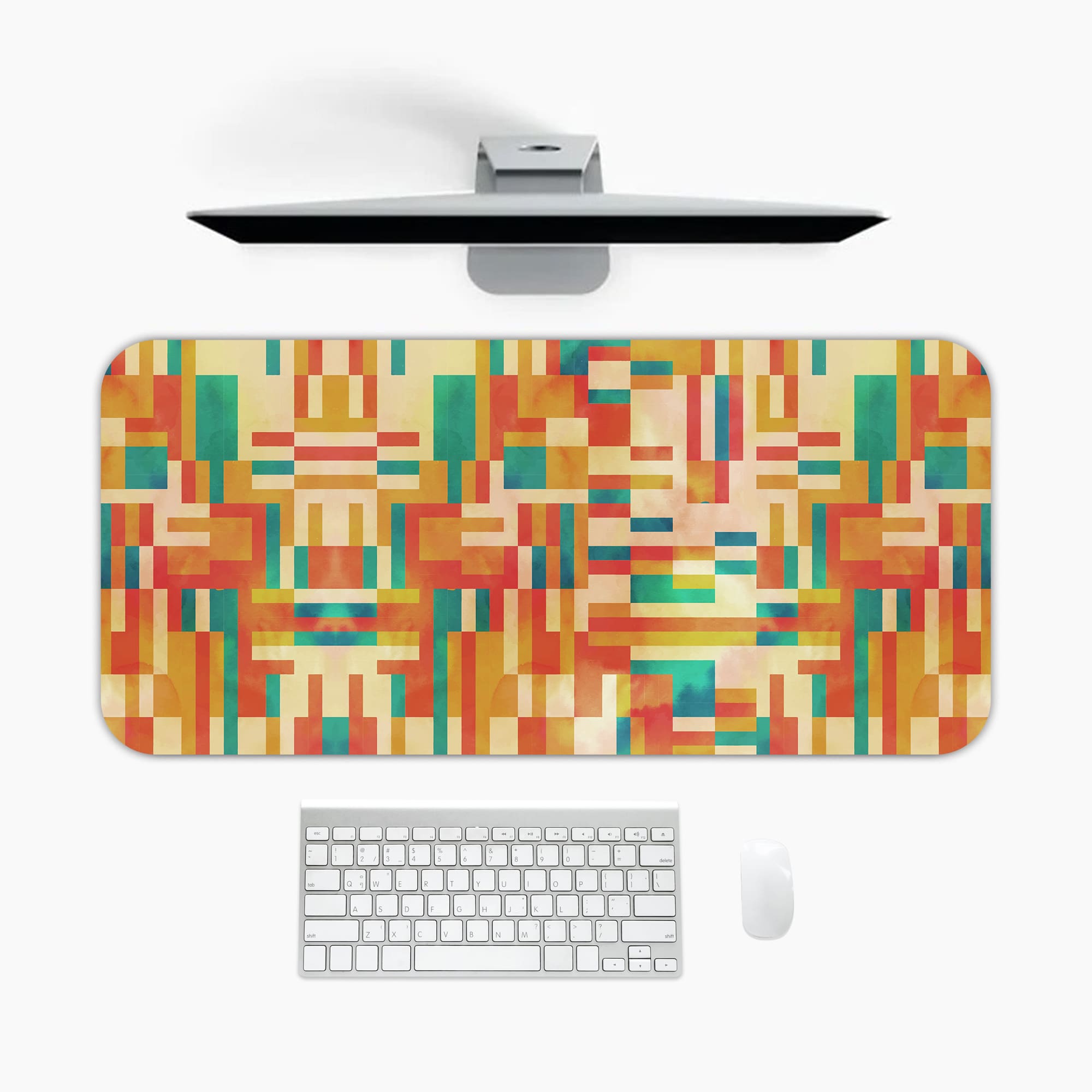 Infidu colorful geometric desk pad with warm red, orange, and yellow tones in a symmetrical pattern.