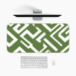 Infidu desk pad with bold white maze pattern on deep green background, inspired by vintage art and wall décor.