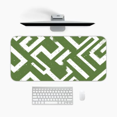 Infidu desk pad with bold white maze pattern on deep green background, inspired by vintage art and wall décor.