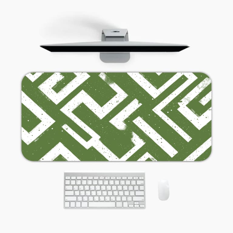 Infidu desk pad with bold white maze pattern on deep green background, inspired by vintage art and wall décor.