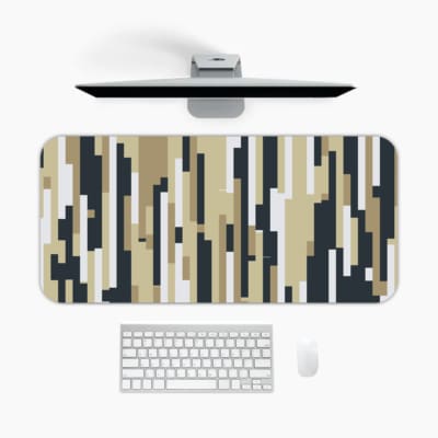 Infidu desk pad with vertical pixel stripe design in beige, black, gray, and white for a modern vintage art-inspired look.
