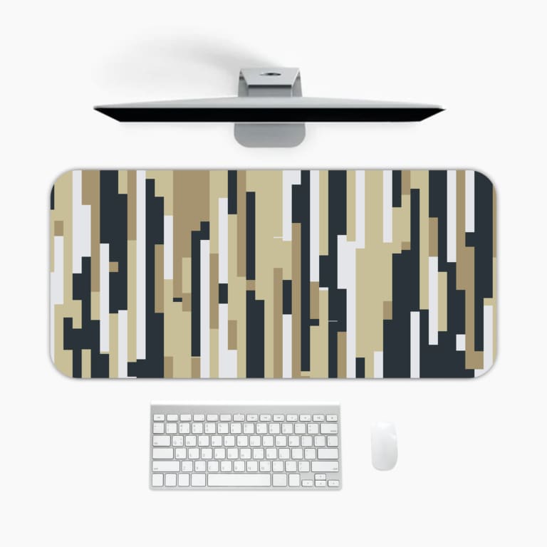 Infidu desk pad with vertical pixel stripe design in beige, black, gray, and white for a modern vintage art-inspired look.