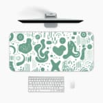 Infidu desk pad with green abstract shapes on white background, inspired by vintage art.