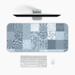 Infidu abstract mosaic desk pad with blue and grey artistic patchwork designs.