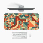 Infidu retro geometric desk pad featuring colorful shapes in warm and cool tones on a cream background, inspired by vintage wall art.