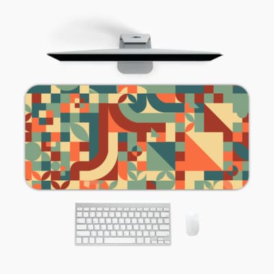 Infidu retro geometric desk pad featuring colorful shapes in warm and cool tones on a cream background, inspired by vintage wall art.
