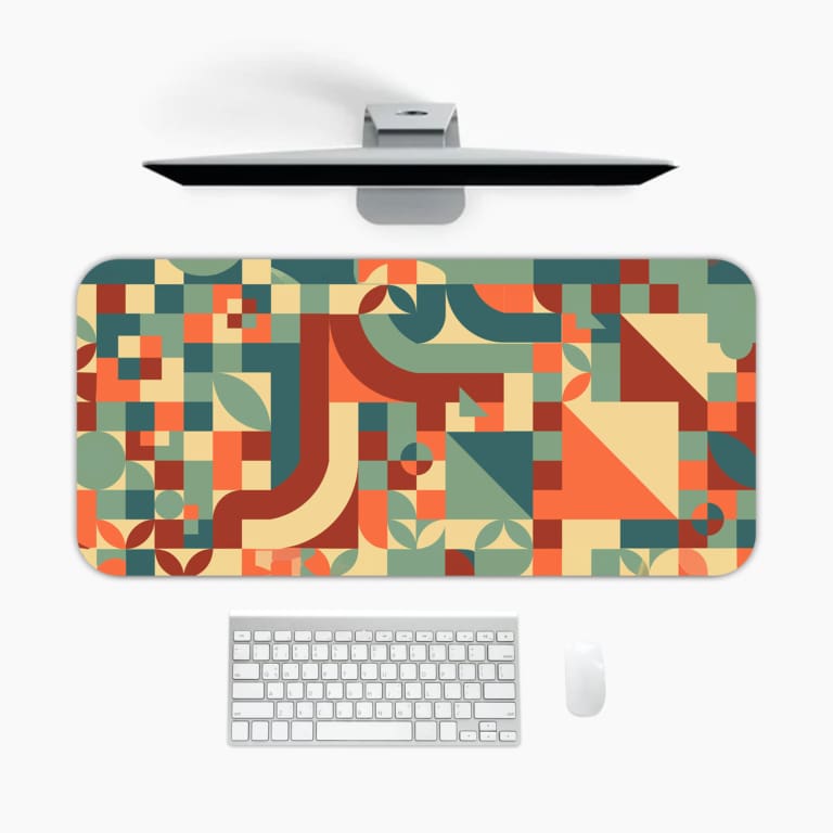 Infidu retro geometric desk pad featuring colorful shapes in warm and cool tones on a cream background, inspired by vintage wall art.
