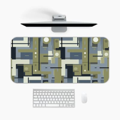 Infidu geometric desk pad with olive green and navy blue block pattern on white background.
