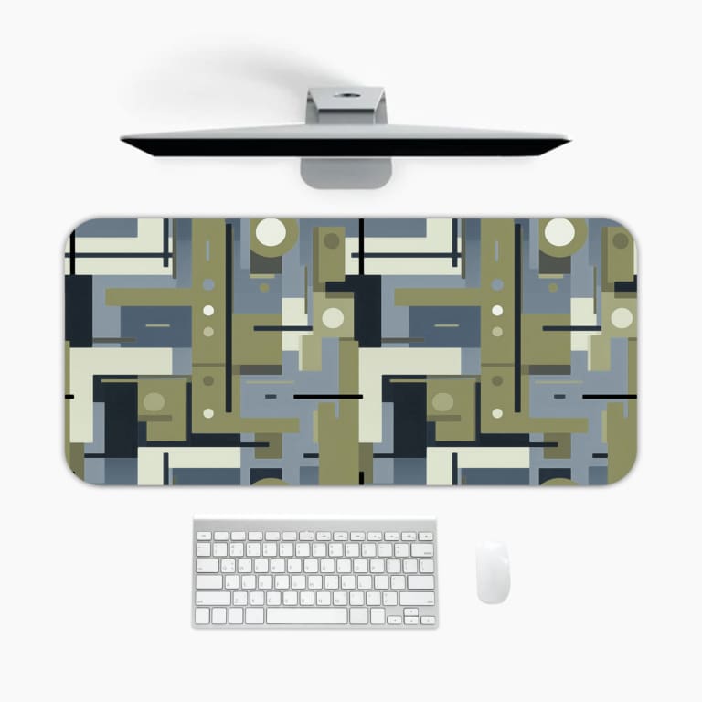 Infidu geometric desk pad with olive green and navy blue block pattern on white background.