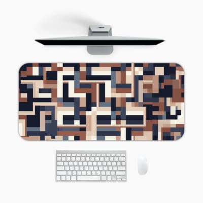 Infidu desk pad with navy and neutral geometric block pattern on white background.