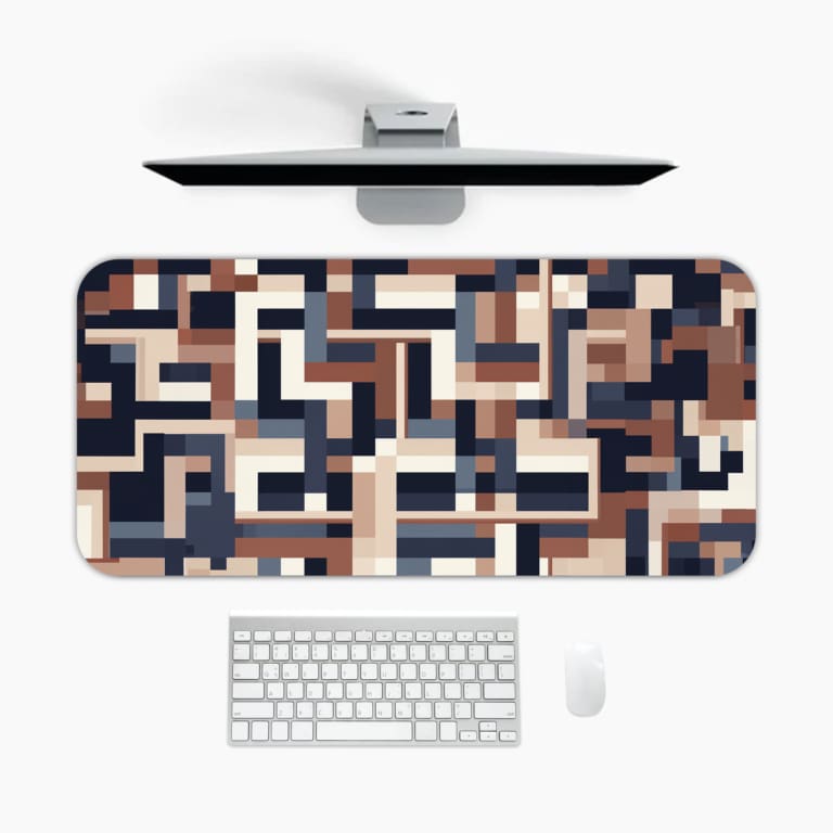 Infidu desk pad with navy and neutral geometric block pattern on white background.