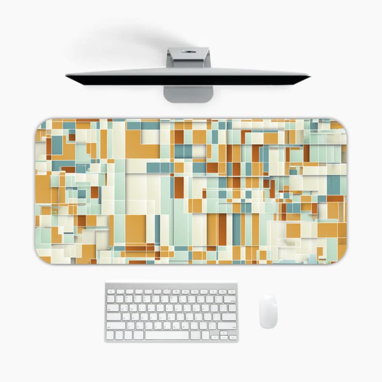 Infidu desk pad with mustard and teal geometric blocks in a modern vintage art style.