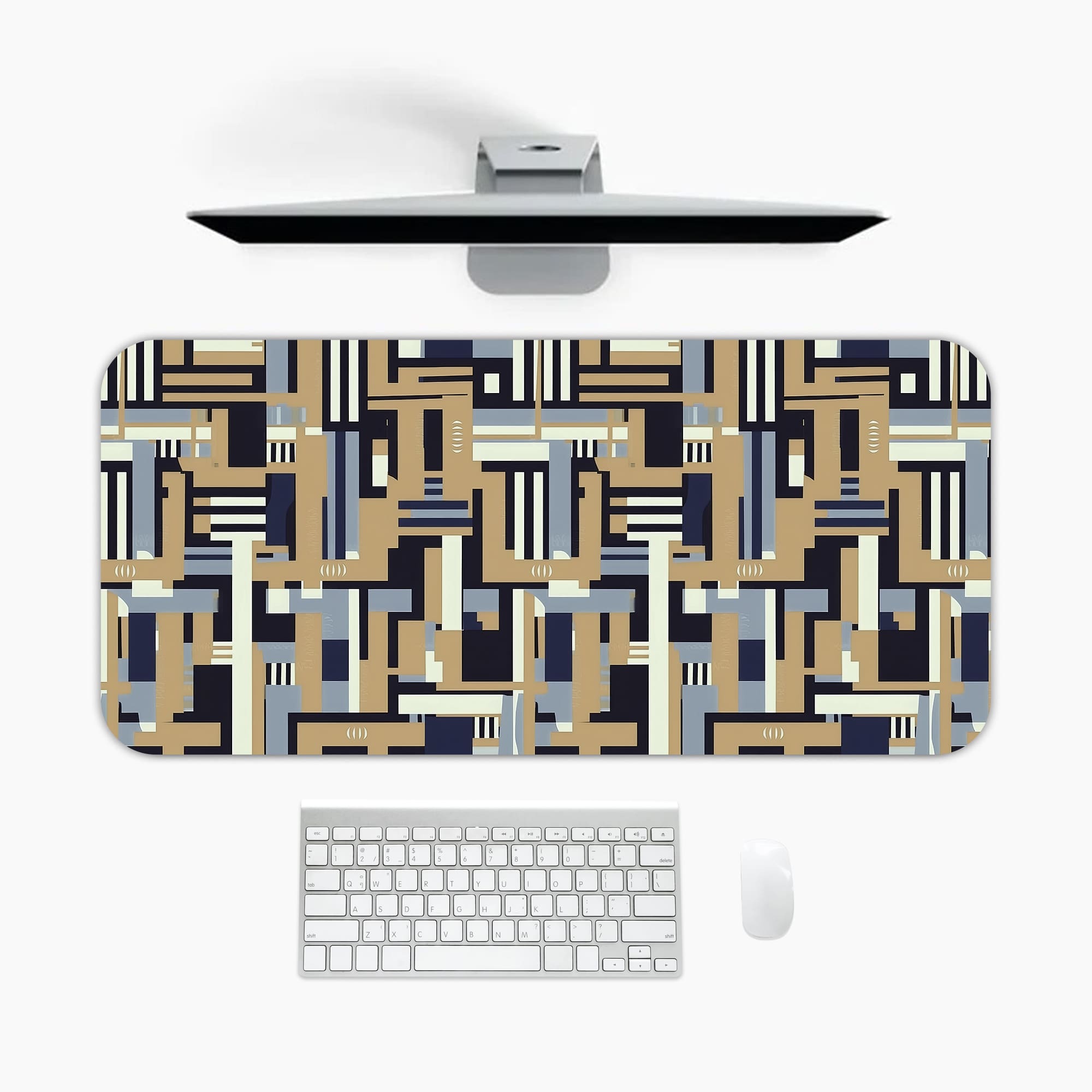 Infidu desk pad with geometric pattern in beige, navy, and gray on a white background