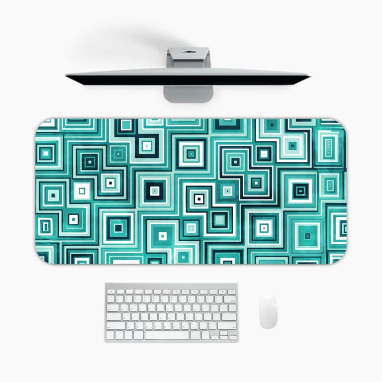 Teal nested squares geometric desk pad with modern vintage art style