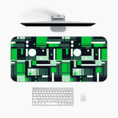 Infidu green geometric desk pad with tech-style block pattern in vibrant green and neutral tones
