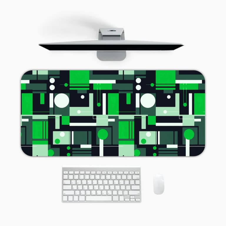 Infidu green geometric desk pad with tech-style block pattern in vibrant green and neutral tones