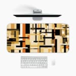 Infidu desk pad with earth-tone geometric blocks and layered abstract design on a white background