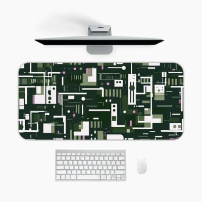 Infidu desk pad with forest green tech-inspired geometric design and vintage art influence