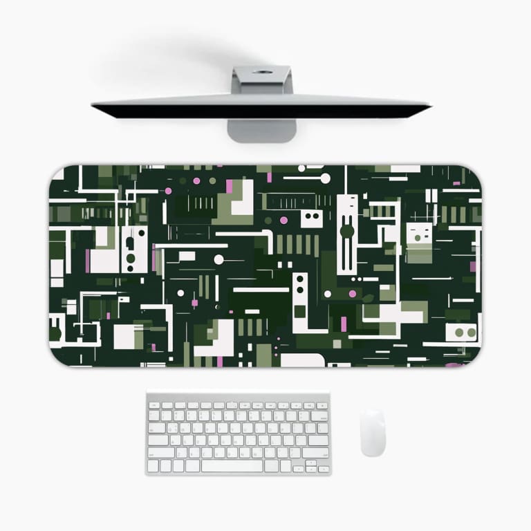 Infidu desk pad with forest green tech-inspired geometric design and vintage art influence
