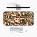Infidu desk pad with tribal geometric design in earthy tones like maroon, olive green, mustard, and beige on a white background