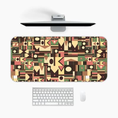 Infidu desk pad with tribal geometric design in earthy tones like maroon, olive green, mustard, and beige on a white background