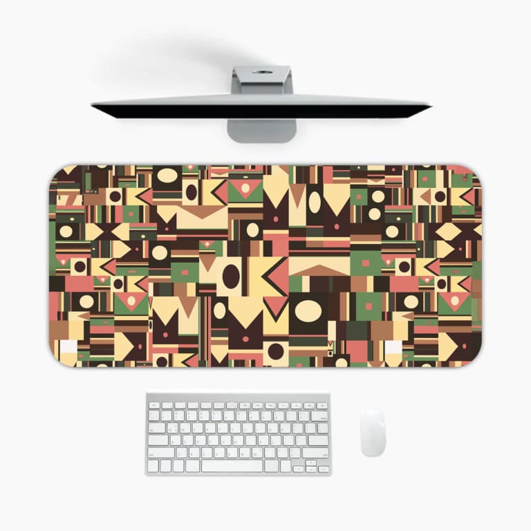 Infidu desk pad with tribal geometric design in earthy tones like maroon, olive green, mustard, and beige on a white background