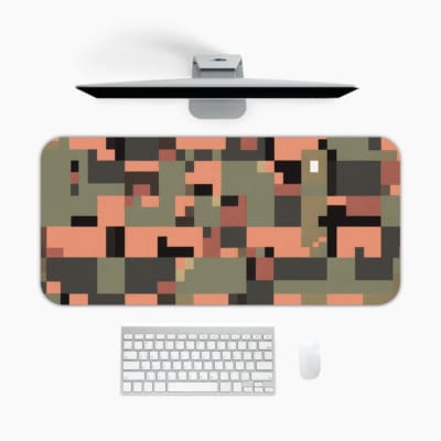 Infidu pixel camouflage desk pad in earthy green, orange, and brown tones