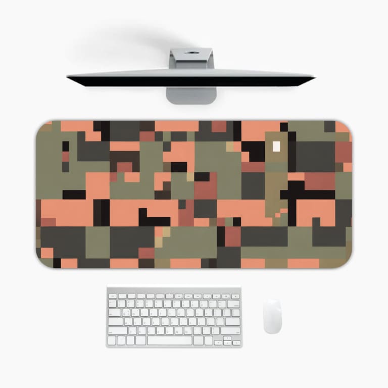 Infidu pixel camouflage desk pad in earthy green, orange, and brown tones