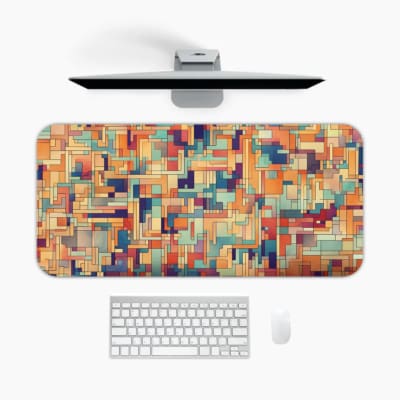 Infidu mosaic geometric desk pad in warm artistic tones with a colorful rectangular pattern