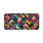 Infidu colorful geometric desk pad with bold blocks in red, teal, mustard, and maroon on a white background.