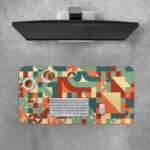 Infidu retro geometric desk pad featuring colorful shapes in warm and cool tones on a cream background, inspired by vintage wall art.