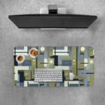 Infidu geometric desk pad with olive green and navy blue block pattern on white background.