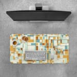 Infidu desk pad with mustard and teal geometric blocks in a modern vintage art style.