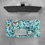 Infidu modern geometric desk pad with cool shades of blue, teal, and beige in a mosaic pattern on a white background.
