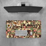 Infidu desk pad with tribal geometric design in earthy tones like maroon, olive green, mustard, and beige on a white background