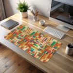 Infidu colorful geometric desk pad with warm red, orange, and yellow tones in a symmetrical pattern.