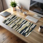 Infidu desk pad with vertical pixel stripe design in beige, black, gray, and white for a modern vintage art-inspired look.