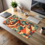 Infidu retro geometric desk pad featuring colorful shapes in warm and cool tones on a cream background, inspired by vintage wall art.