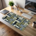 Infidu geometric desk pad with olive green and navy blue block pattern on white background.