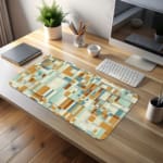 Infidu desk pad with mustard and teal geometric blocks in a modern vintage art style.
