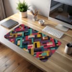 Infidu colorful geometric desk pad with bold blocks in red, teal, mustard, and maroon on a white background.