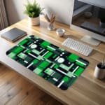 Infidu green geometric desk pad with tech-style block pattern in vibrant green and neutral tones