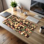 Infidu desk pad with tribal geometric design in earthy tones like maroon, olive green, mustard, and beige on a white background