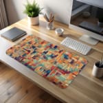 Infidu mosaic geometric desk pad in warm artistic tones with a colorful rectangular pattern
