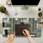 Infidu geometric desk pad with olive green and navy blue block pattern on white background.
