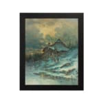 Vintage wall art of a snowy cottage on a hillside with bare trees, frozen stream, and soft blue tones in a peaceful winter scene. hung on the wall