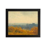 Vintage wall art of an autumn city view with golden trees, a hazy sky, and a soft, distant town skyline. hung on the wall