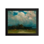 Vintage cloudscape wall art with soft pink, gray, and white clouds over a calm green landscape. hung on the wall