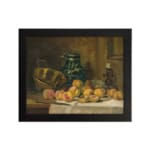 Infidu classic still life vintage wall art with peaches, jug, and candle on a wooden table, perfect for warm, rustic dining room decor. hung on the wall