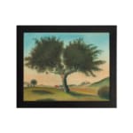 Vintage wall art of a lone tree in a peaceful landscape with soft green hills, distant hills, and a gentle blue and peach sky. hung on the wall